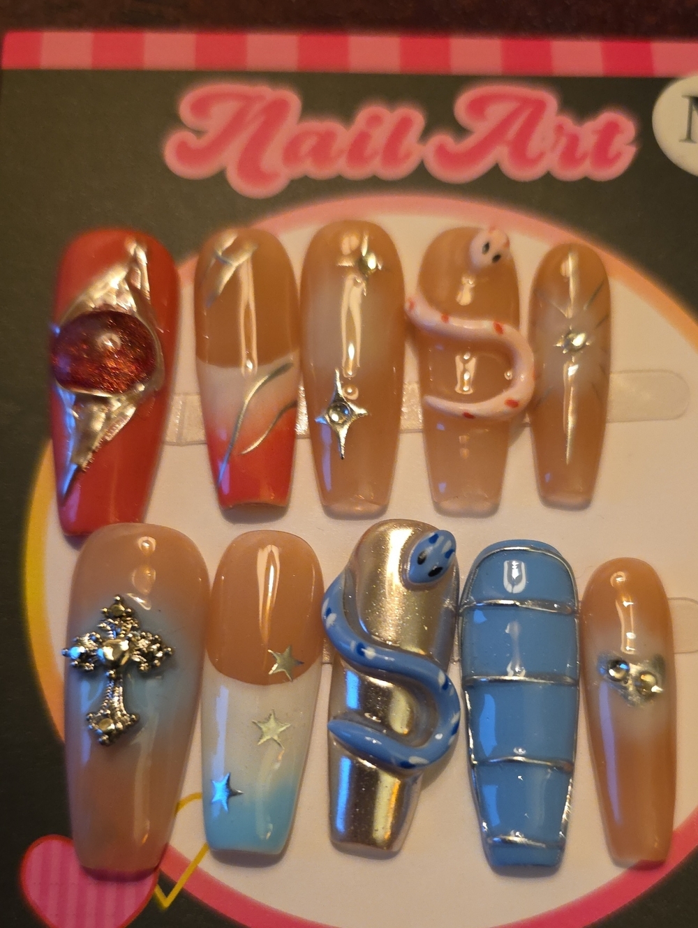Nude, Coral & Blue Press-On Nail Set with Metallic Accents Size Med